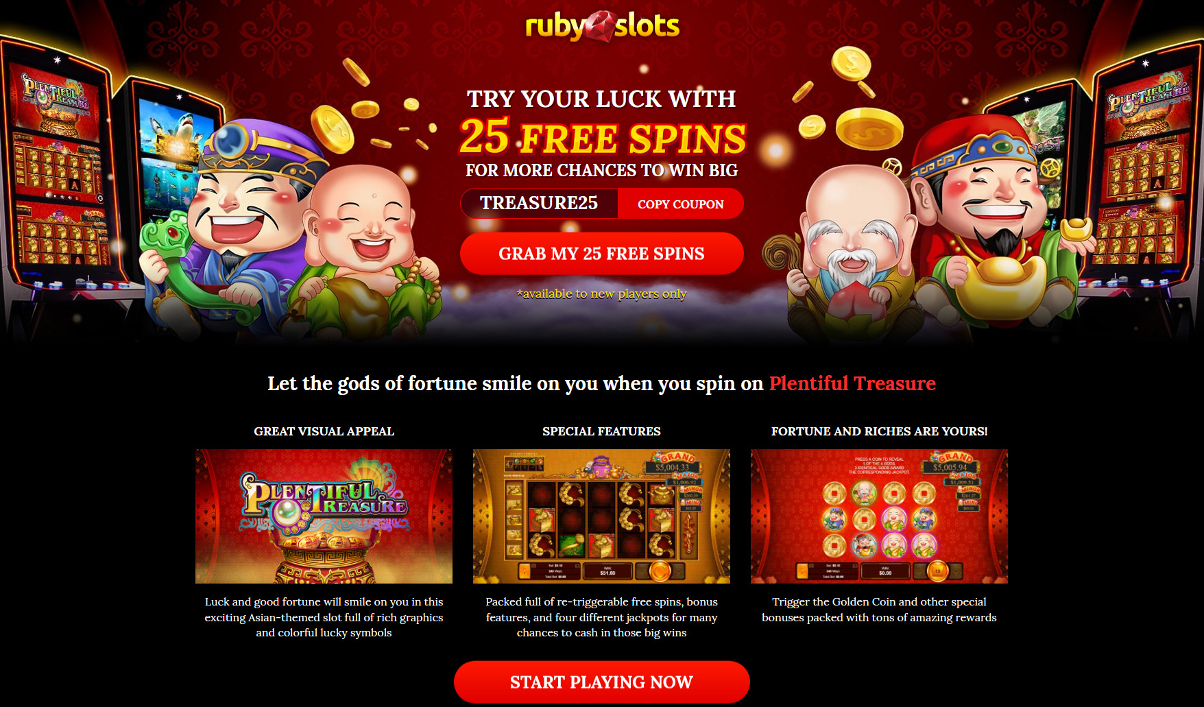 Ruby Slots | Landing page | 25 Free Spins on Plentiful Treasure